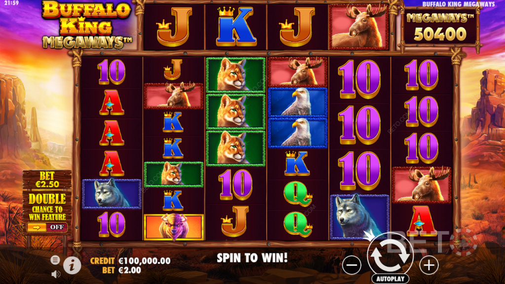 ภาพหน้าจอเกม Buffalo King Megaways แสดงวงล้อสล็อตและสัญลักษณ์ต่างๆ ในเกม