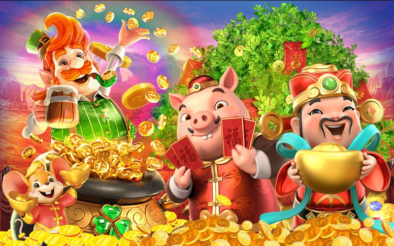 ภาพปกเกมสล็อต 3D จากค่าย PG SLOT สีสันสดใส มีตัวละครหมูและหญิงสาว พร้อมเหรียญทองและแสงสีเอฟเฟกต์