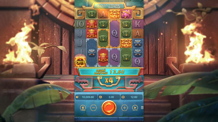 ภาพหน้าจอเกมสล็อต Treasures of Aztec จาก PG SLOT แสดงสัญลักษณ์โบนัสและฟีเจอร์พิเศษในเกม