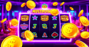 ภาพประกอบฟีเจอร์สล็อตขั้นสูง Multiplier, Sticky Wild, Expanding Wild บนวงล้อสล็อต พร้อมเหรียญทองและไอคอนโบนัสในบรรยากาศคาสิโนสมัยใหม่