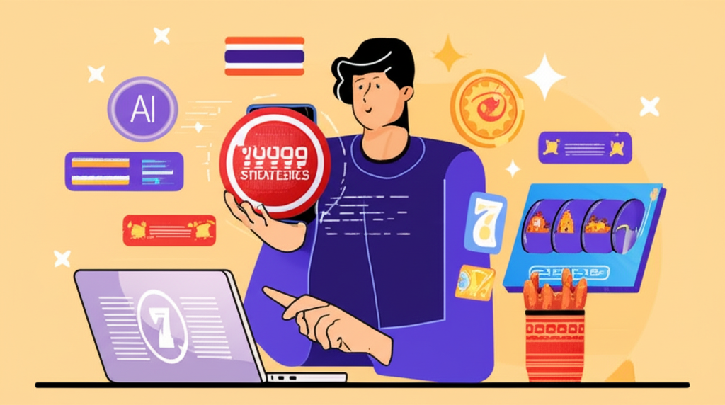 ภาพผู้เล่นใช้สูตรสล็อต AI บนมือถือ พร้อมกราฟและไอคอนเกมสล็อต แสดงเทคนิคเล่นสล็อตในปี 2025
