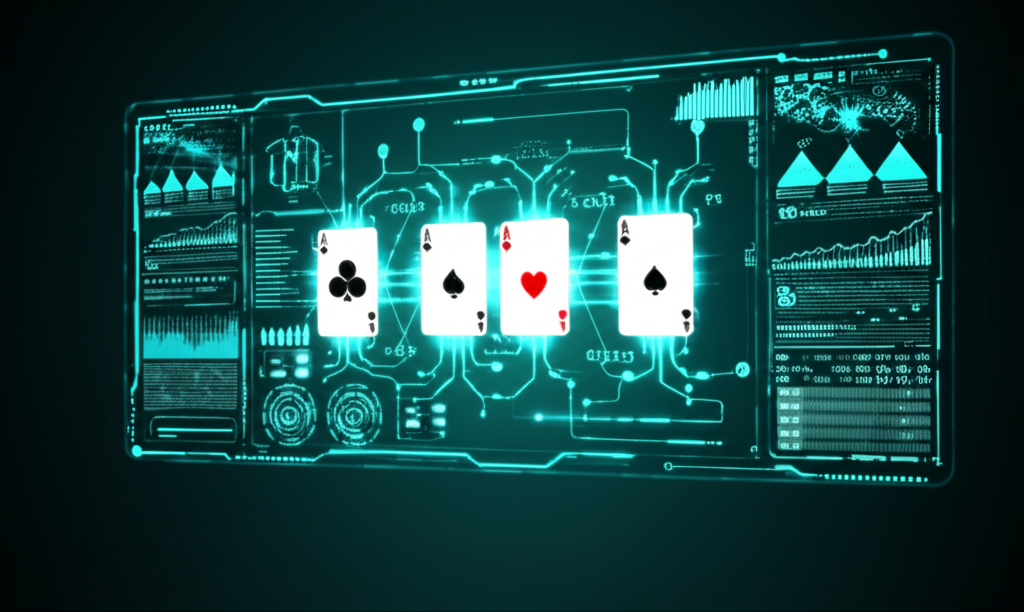 ภาพแนวเทคโนโลยี AI วิเคราะห์เค้าไพ่บาคาร่าแบบเรียลไทม์ แสดงการใช้สูตร AI ในบาคาร่าออนไลน์สด