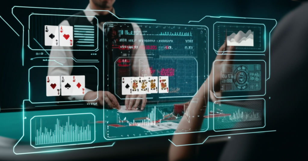 ภาพแสดงเทคโนโลยี AI วิเคราะห์ข้อมูลคาสิโนสดและ RNG ในปี 2025 พร้อมโต๊ะแบล็คแจ็คและดีลเลอร์มืออาชีพ