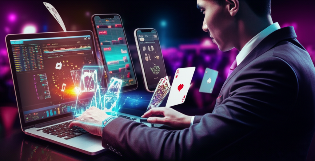 แจกสูตรบาคาร่า AI 2025 ใช้ได้จริง ภาพแสดงการใช้โปรแกรมสูตรบาคาร่า AI บนมือถือและคอมพิวเตอร์ในคาสิโนยุคใหม่