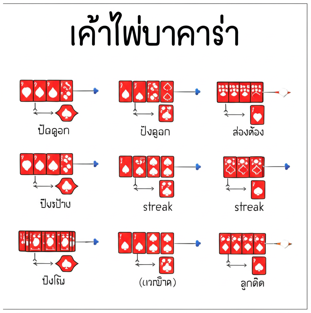 อินโฟกราฟิกแสดงเค้าไพ่บาคาร่า 7 แบบหลัก พร้อมคำอธิบายและสัญลักษณ์ไพ่ เหมาะสำหรับมือใหม่เรียนรู้เค้าไพ่