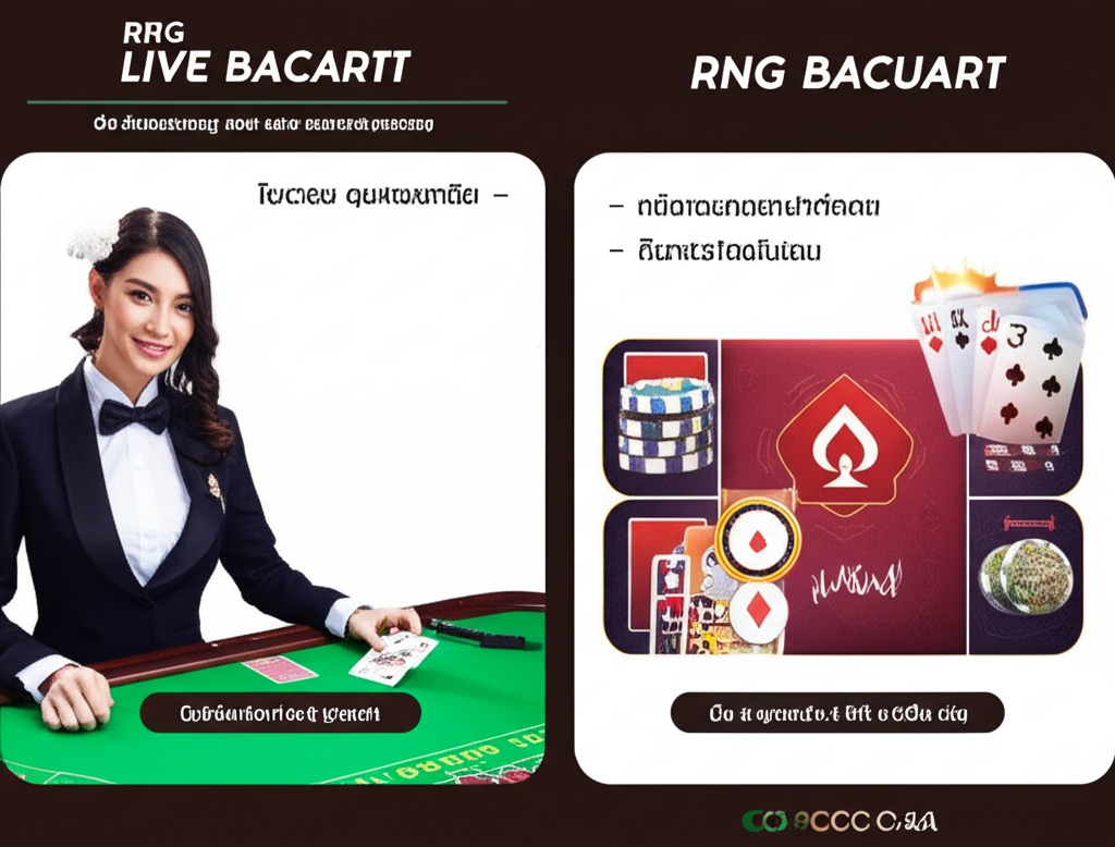 อินโฟกราฟิกเปรียบเทียบบาคาร่าออนไลน์สดกับบาคาร่าออนไลน์ทั่วไป แสดงดีลเลอร์สดและระบบ RNG