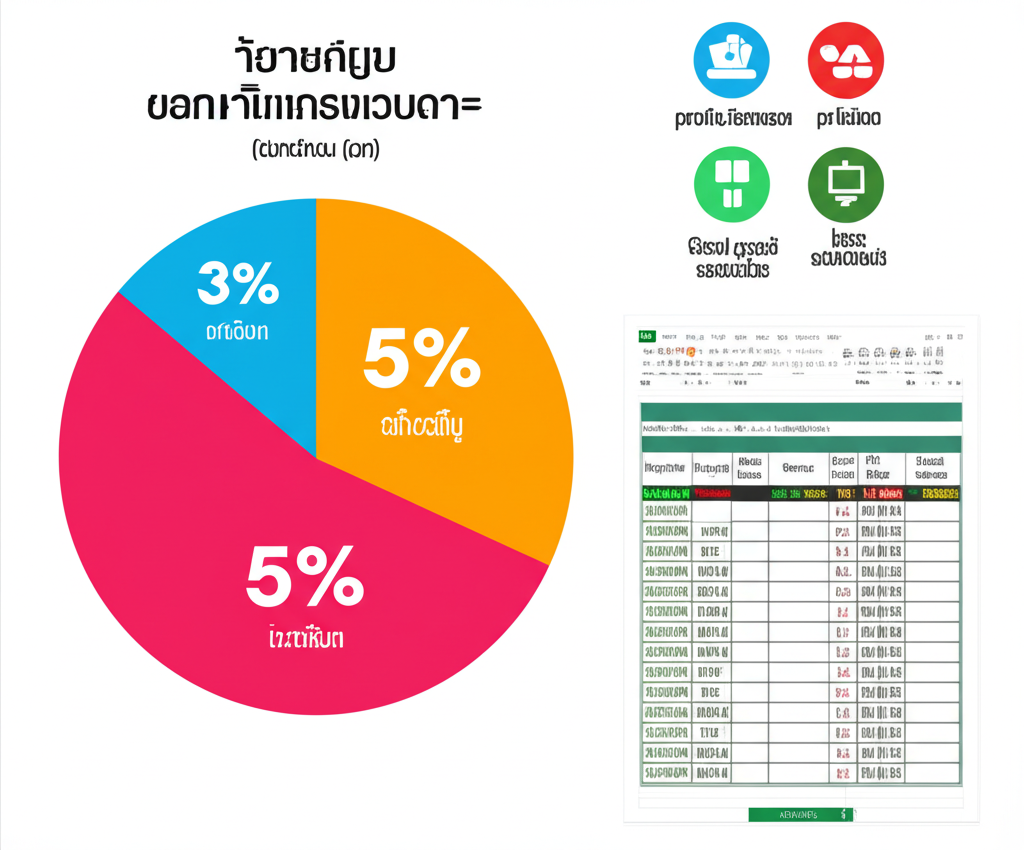 กราฟิกแนะนำการจัดการเงินและวินัยในการเล่นบาคาร่าด้วยกฎ 5% และการตั้งเป้าหมายกำไร-ขาดทุน
