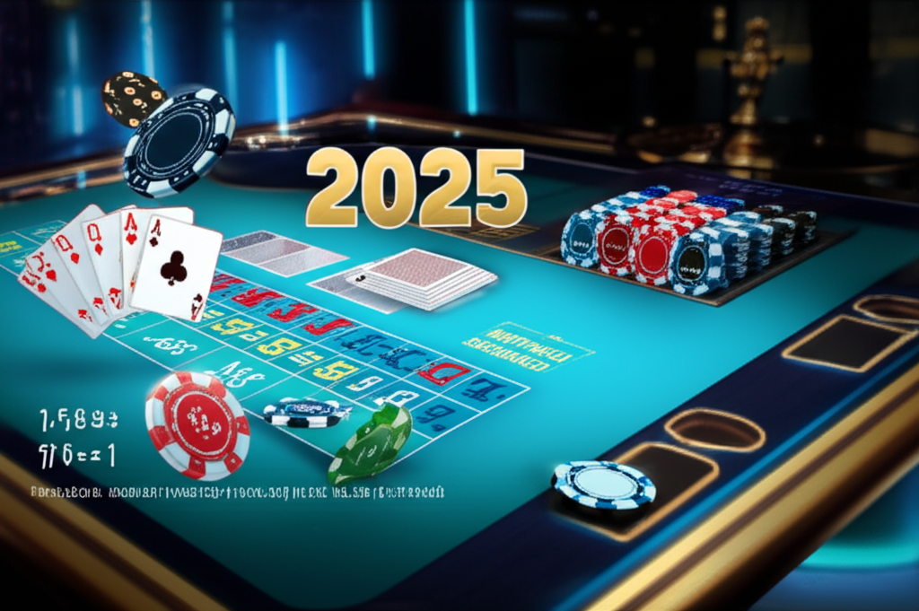 ภาพโต๊ะบาคาร่า พร้อมชิปและไพ่ แสดงสูตรเดินเงิน Martingale, Fibonacci และเทคโนโลยี AI ในปี 2025