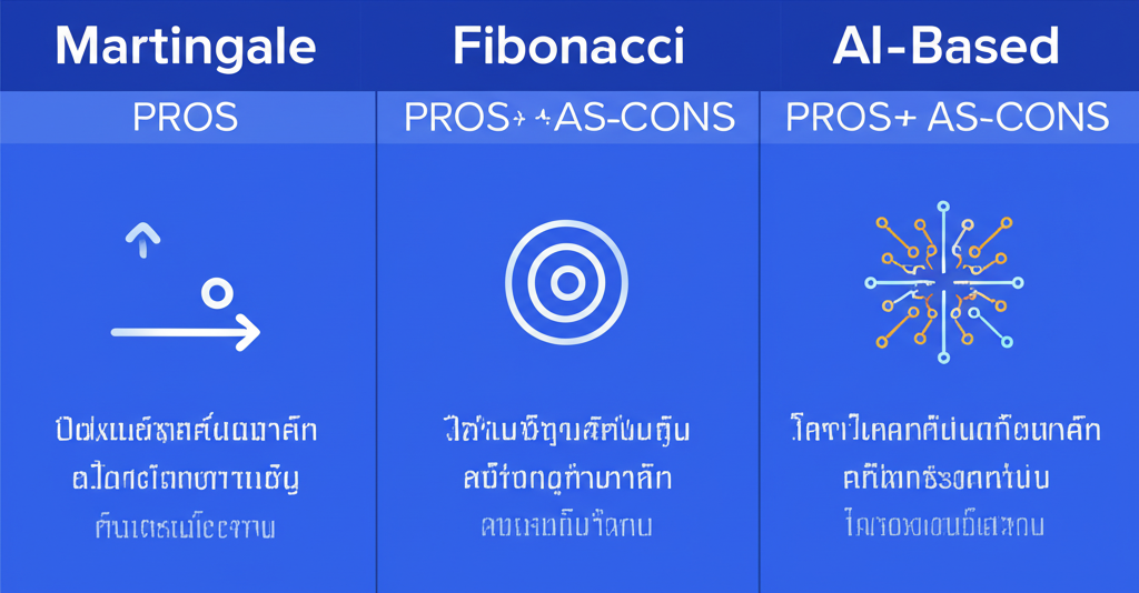 อินโฟกราฟิกเปรียบเทียบสูตรเดินเงินบาคาร่า Martingale, Fibonacci และ AI พร้อมข้อดีข้อเสีย