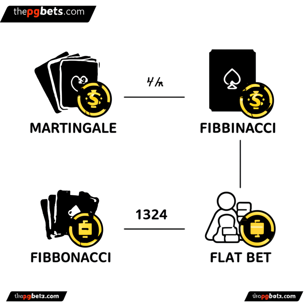 อินโฟกราฟิกแสดงเทคนิคเดินเงินบาคาร่า 4 แบบ ได้แก่ Martingale, Fibonacci, 1324 และ Flat Bet
