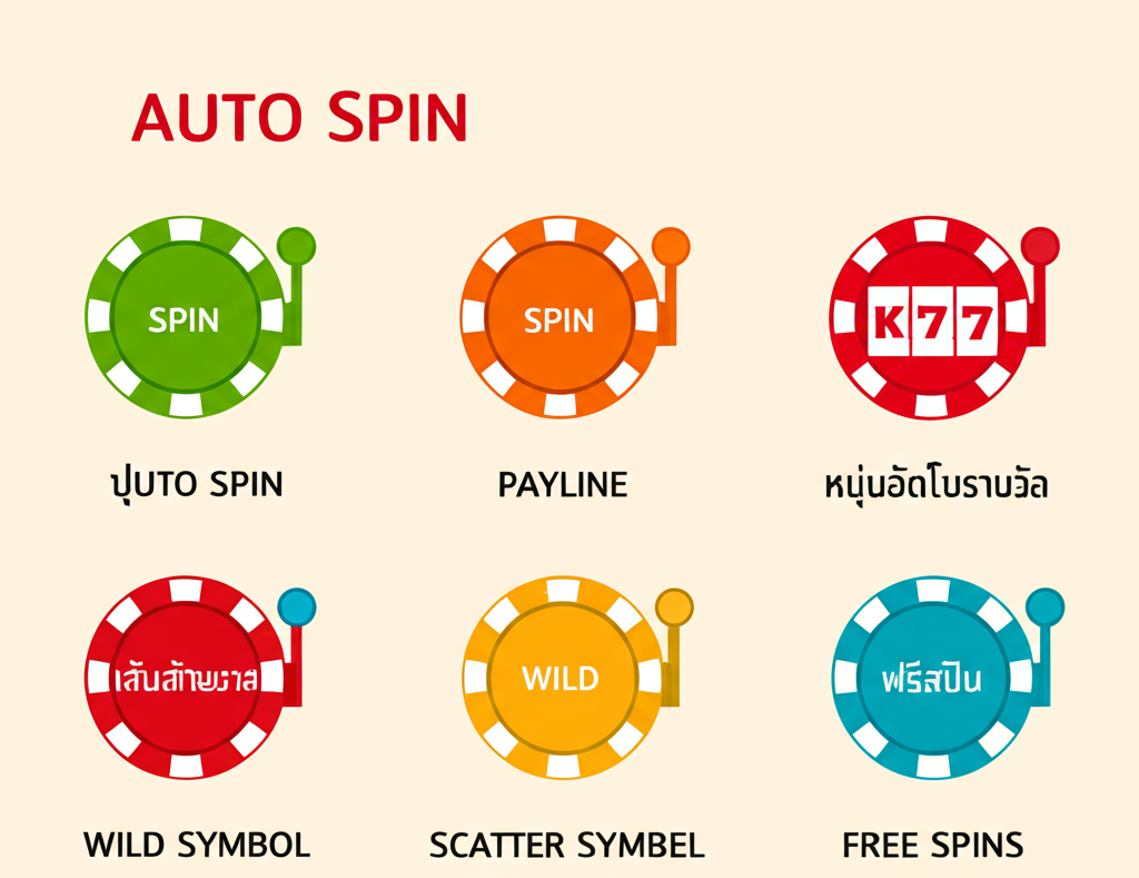 อินโฟกราฟิกคำศัพท์พื้นฐานในเกมสล็อต เช่น สปิน ออโต้สปิน เพย์ไลน์ ไวด์ สแกตเตอร์ และฟรีสปิน สำหรับมือใหม่