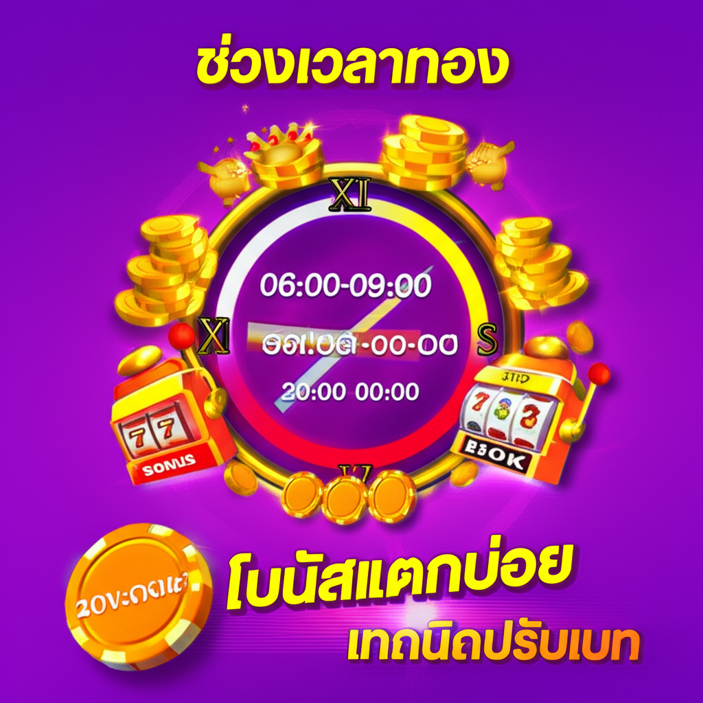 อินโฟกราฟิกแสดงช่วงเวลาทองในการเล่นสล็อตออนไลน์ปี 2025 เพื่อเพิ่มโอกาสโบนัสแตกบ่อย พร้อมเทคนิคการปรับเบท