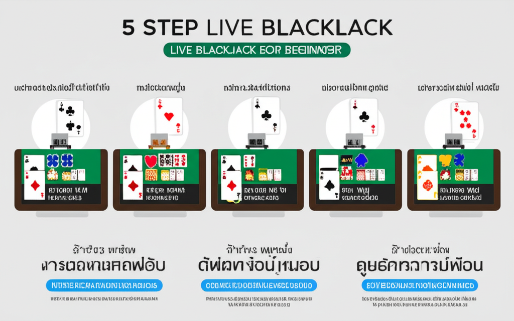 อินโฟกราฟิก 5 ขั้นตอนกติกาแบล็คแจ็คสดสำหรับมือใหม่ แสดงขั้นตอนการวางเดิมพัน แจกไพ่ ตัวเลือกผู้เล่น กติกาเจ้ามือ และการรับรางวัล