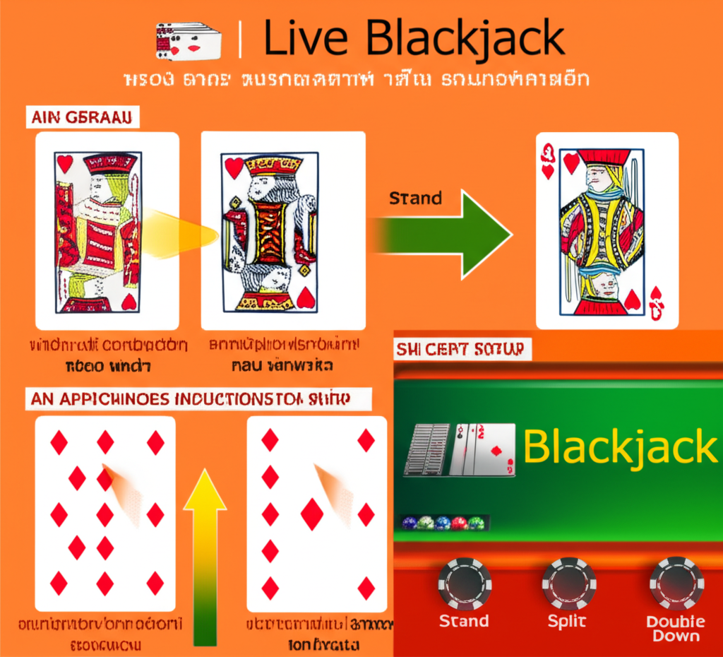 อินโฟกราฟิกกติกาแบล็คแจ็คสดสำหรับมือใหม่ แสดงค่าไพ่และตัวเลือกการเล่นหลัก