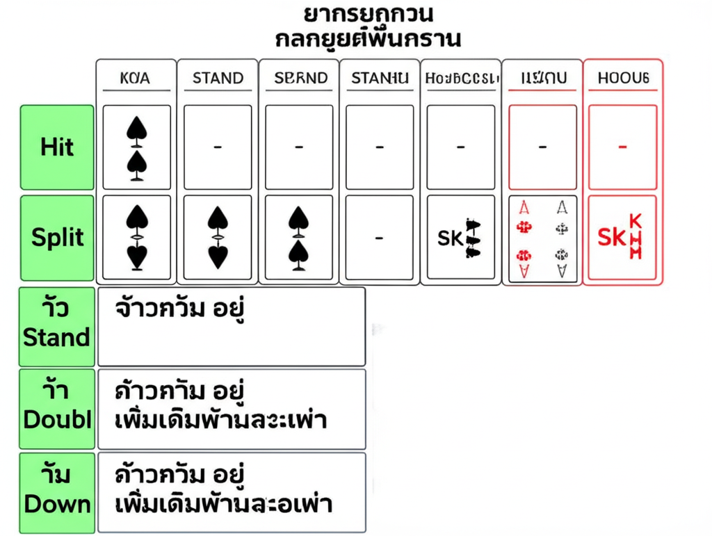 ตารางแผนภูมิกลยุทธ์พื้นฐานแบล็คแจ็ค แสดงคำแนะนำการเล่นตามแต้มไพ่ของผู้เล่นและไพ่เจ้ามือ เหมาะสำหรับมือใหม่