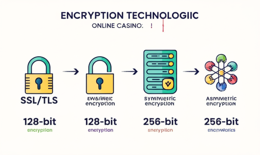 แผนผังแสดงเทคโนโลยีการเข้ารหัสข้อมูลในคาสิโนออนไลน์ เช่น SSL/TLS และการเข้ารหัสแบบสมมาตรและอสมมาตร