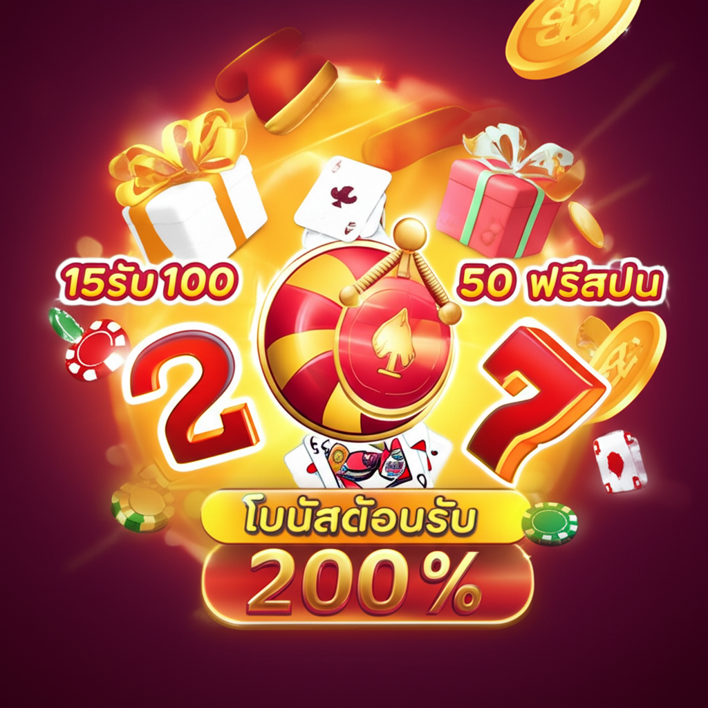ภาพโปรโมชั่นคาสิโนยอดนิยม 15รับ100, 50 ฟรีสปิน, โบนัสต้อนรับ 200% พร้อมไอคอนและคำอธิบายภาษาไทย