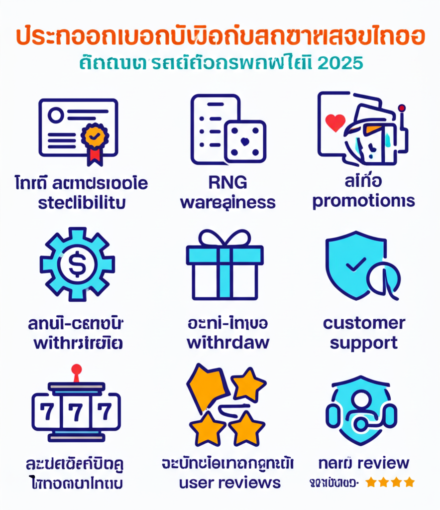 อินโฟกราฟิกเช็กลิสต์ 10 ข้อสำคัญในการเลือกซอฟต์แวร์คาสิโนออนไลน์ในปี 2025 พร้อมไอคอนและคำอธิบายสั้นๆ