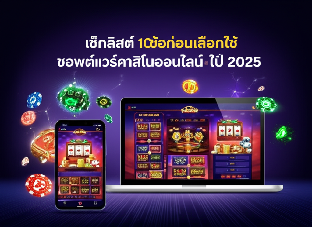 ภาพประกอบซอฟต์แวร์คาสิโนออนไลน์บนมือถือ แท็บเล็ต และคอมพิวเตอร์ พร้อมไอคอนโบนัสและเทคโนโลยีใหม่ในปี 2025