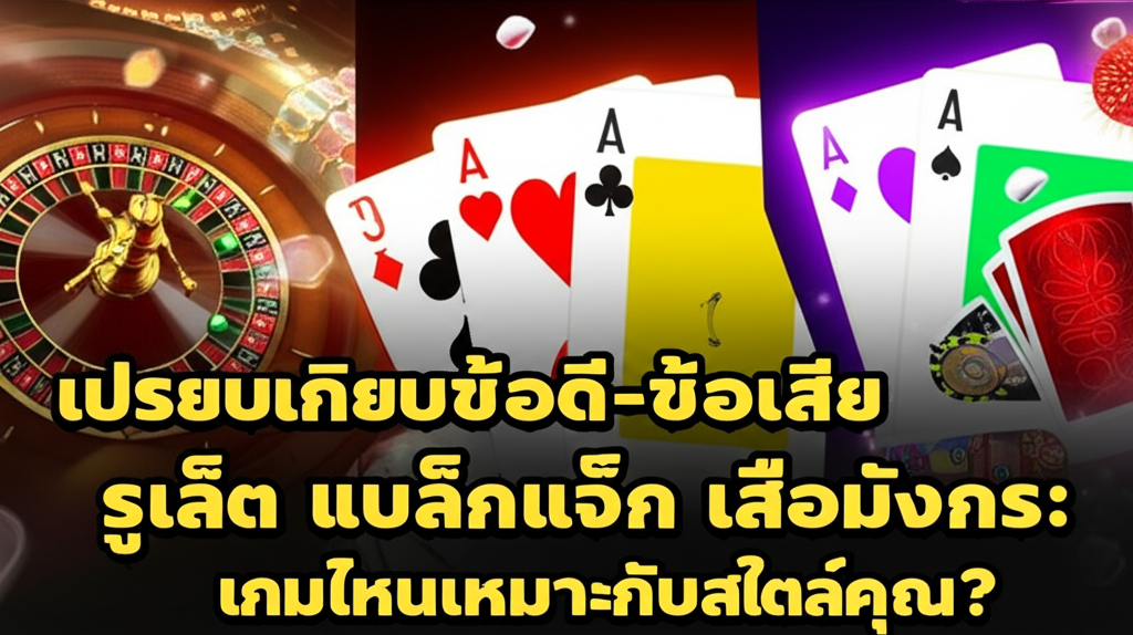 ภาพประกอบเกมคาสิโนสด รูเล็ต แบล็คแจ็ค และเสือมังกร พร้อมข้อความเปรียบเทียบข้อดีข้อเสียของแต่ละเกม