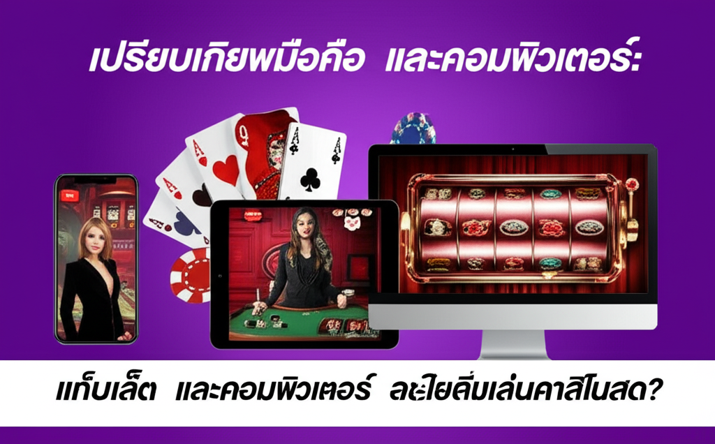 ภาพเปรียบเทียบมือถือ แท็บเล็ต และคอมพิวเตอร์ที่แสดงเกมคาสิโนสดบนหน้าจอ พร้อมสัญลักษณ์คาสิโน เช่น ชิปโป๊กเกอร์และไพ่