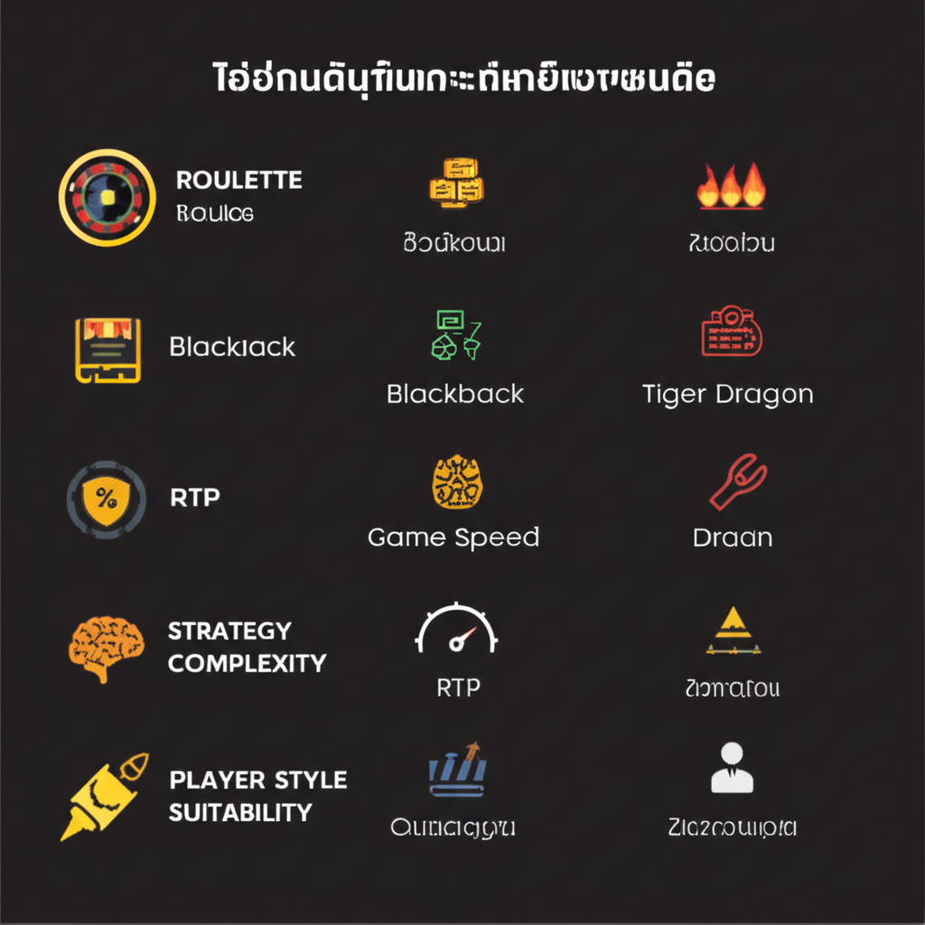 ตารางเปรียบเทียบข้อดีข้อเสียของรูเล็ต แบล็คแจ็ค และเสือมังกร พร้อมไอคอนและข้อมูลสำคัญ