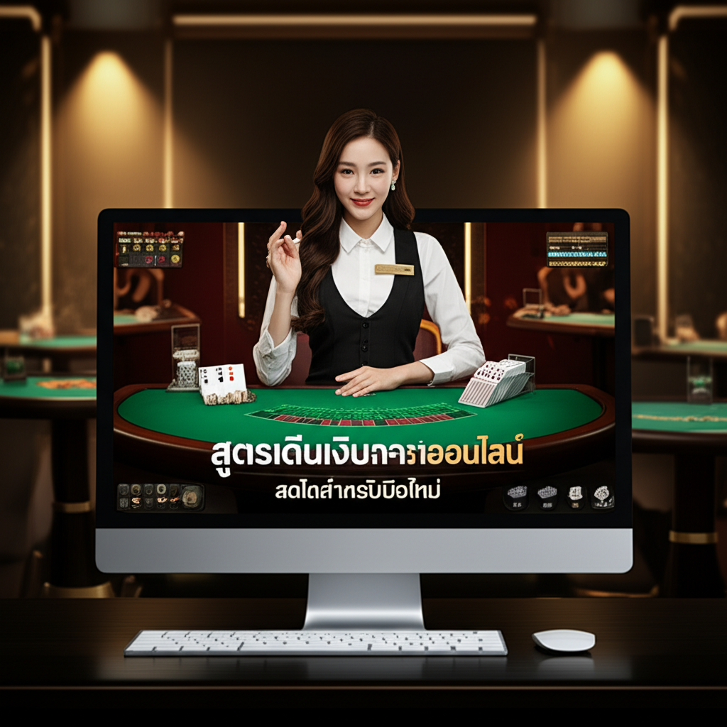 ภาพประกอบเกมบาคาร่าออนไลน์สดพร้อมดีลเลอร์หญิงและไพ่บาคาร่า แสดงถึงสูตรเดินเงินและการบริหารทุนสำหรับมือใหม่