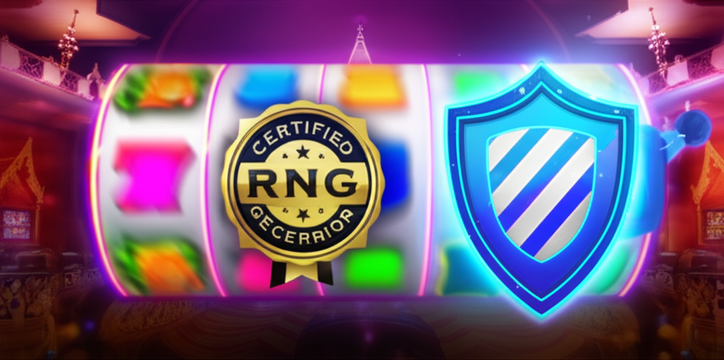 ภาพประกอบเกมสล็อตออนไลน์พร้อมสัญลักษณ์ใบรับรอง RNG แสดงถึงความปลอดภัยและความยุติธรรมในเกม