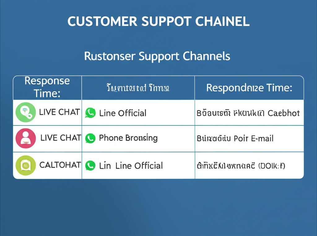 อินโฟกราฟิกเปรียบเทียบช่องทางการติดต่อและเวลาตอบสนองของระบบสนับสนุนลูกค้าในแอปคาสิโนออนไลน์ยอดนิยมในไทย