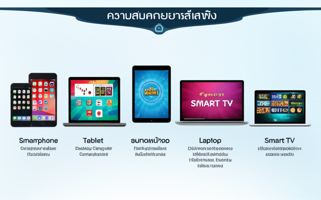 อินโฟกราฟิกเปรียบเทียบข้อดีข้อเสียของอุปกรณ์ 5 ประเภทสำหรับเล่นคาสิโนออนไลน์ ได้แก่ มือถือ แท็บเล็ต คอมพิวเตอร์ โน้ตบุ๊ก และสมาร์ททีวี