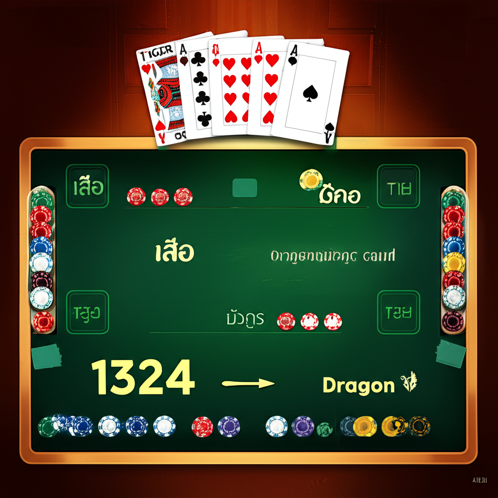 ภาพอินโฟกราฟิกเกมเสือมังกร แสดงพื้นที่เดิมพันและสูตรเดินเงินยอดนิยม เช่น Martingale และ 1324