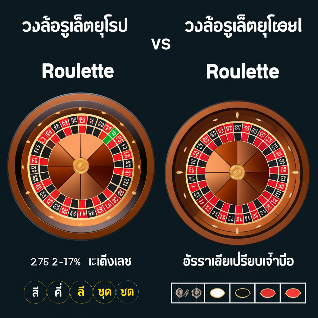 ภาพวงล้อรูเล็ตยุโรปและอเมริกันเปรียบเทียบ พร้อมแสดงอัตราเดิมพันและโอกาสชนะ