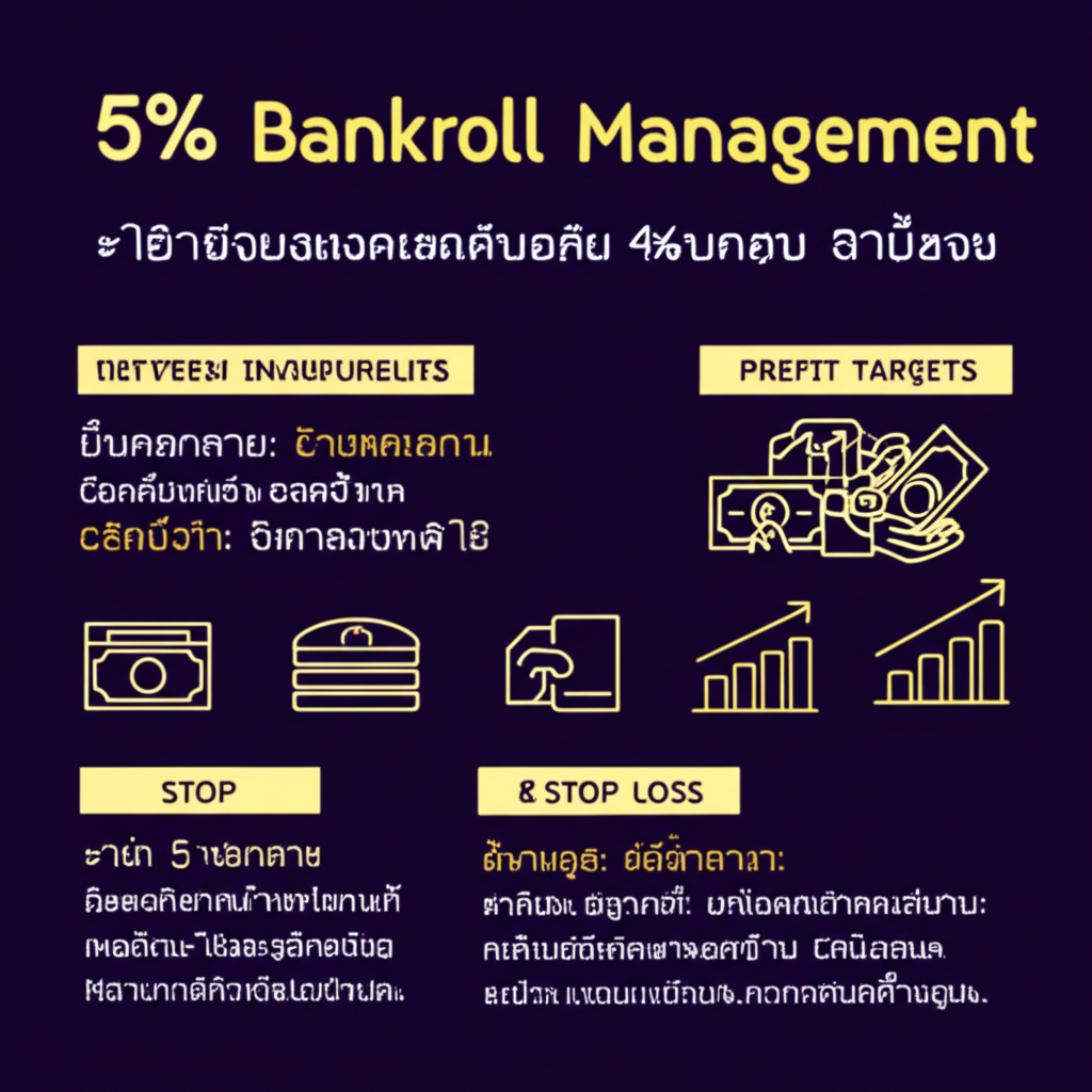 อินโฟกราฟิกแสดงกฎ 5% ในการเดิมพันบาคาร่า การตั้งเป้ากำไรและจุดหยุดขาดทุน พร้อมคำแนะนำการบริหารเงินทุนอย่างมืออาชีพ