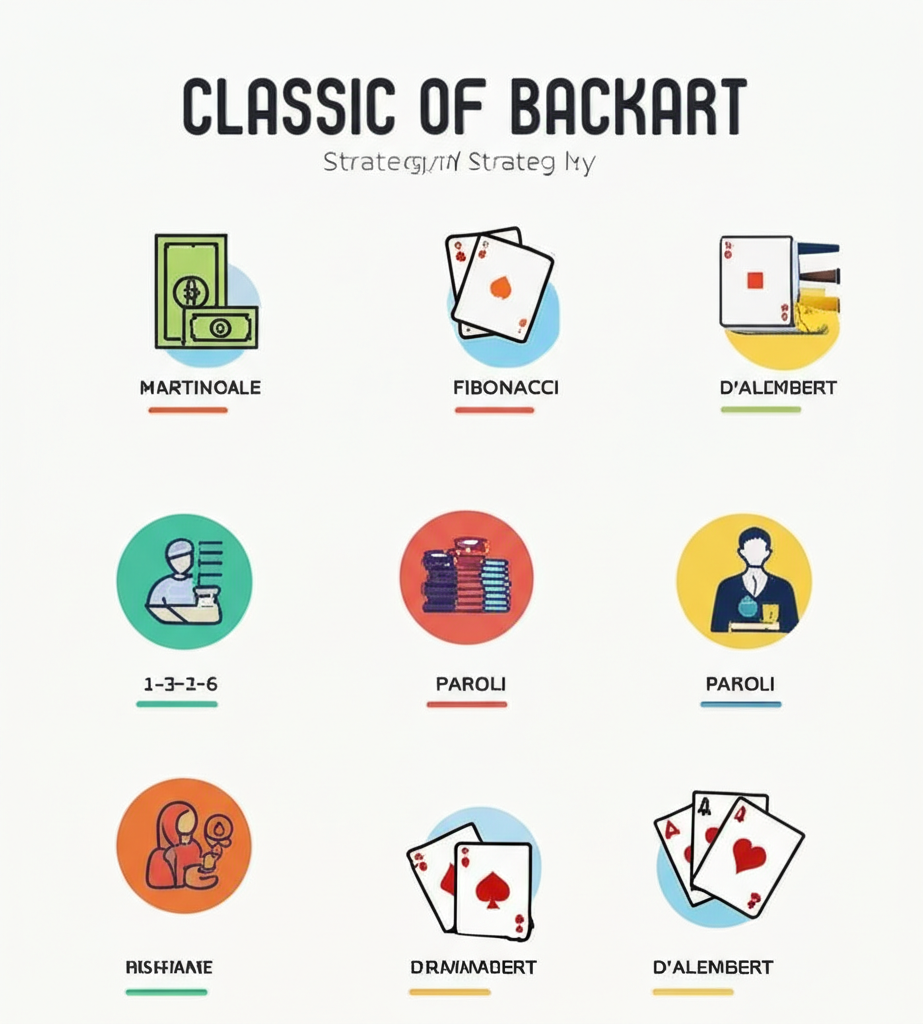 อินโฟกราฟิกแสดงสูตรเดินเงินบาคาร่าแบบคลาสสิก เช่น Martingale, Fibonacci, 1-3-2-6, Paroli และ D’Alembert สำหรับมือใหม่
