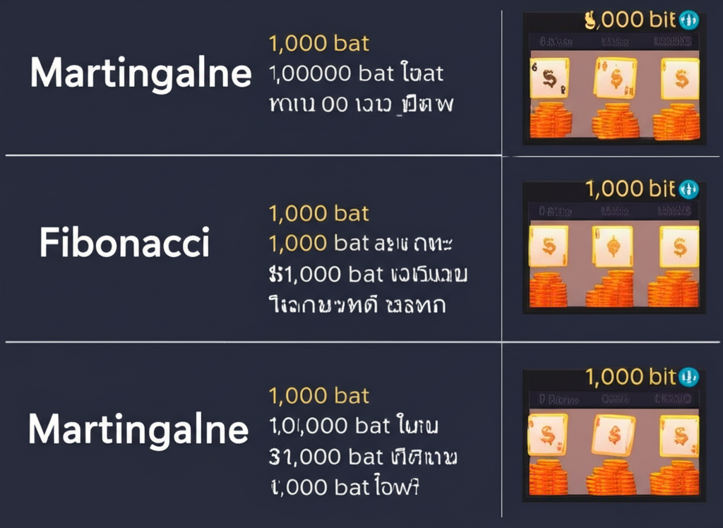 อินโฟกราฟิกเปรียบเทียบสูตรเดินเงิน Martingale และ Fibonacci พร้อมตารางเดินเงินจริงทุน 1,000 บาท