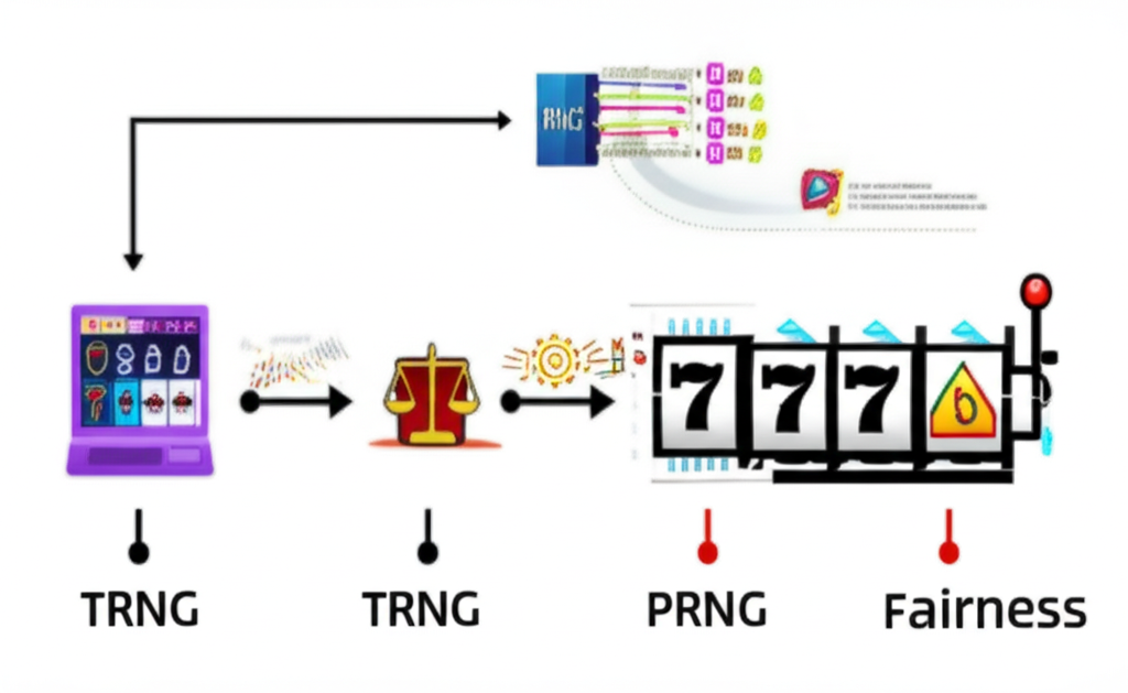 อินโฟกราฟิกอธิบายระบบ RNG ในเกมสล็อต แสดงการสุ่มตัวเลขและความยุติธรรมของเกม