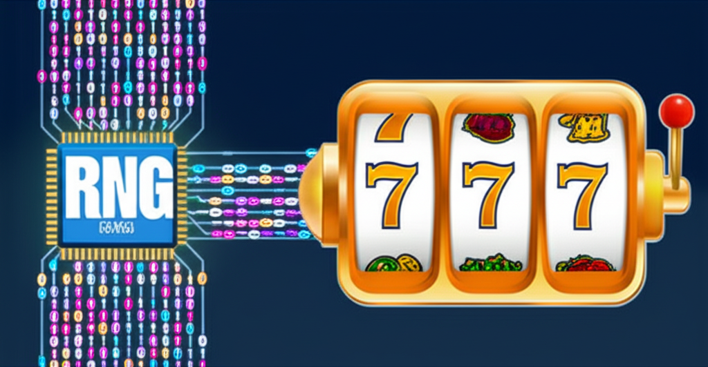 อินโฟกราฟิกอธิบายระบบ RNG ในเกมสล็อตออนไลน์ แสดงการสุ่มตัวเลขและความยุติธรรม