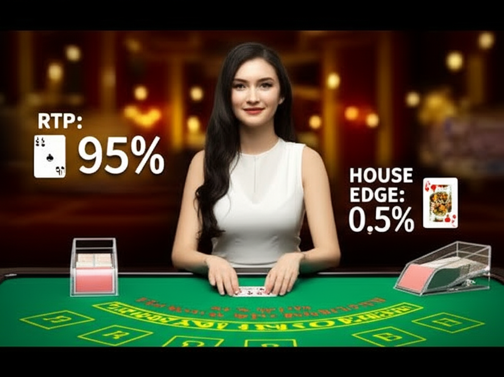 ดีลเลอร์คาสิโนสดกำลังแจกไพ่แบล็คแจ็ค พร้อมแสดงค่า RTP และ House Edge และสัญลักษณ์กลยุทธ์การเดิมพันยอดนิยม เช่น Martingale และ Fibonacci