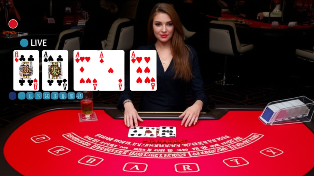 Live blackjack table with dealer and players using card counting and betting strategies