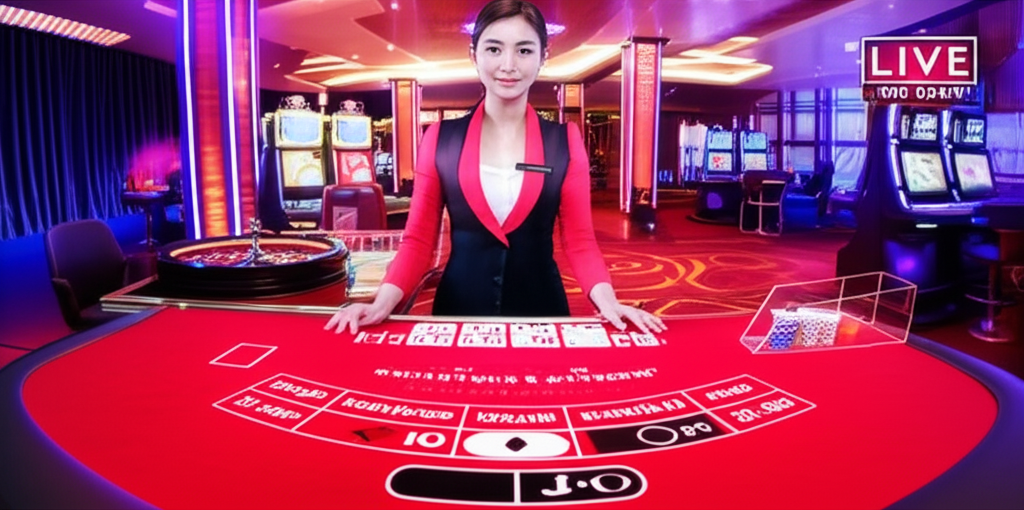 ภาพคาสิโนสดที่มีโต๊ะบาคาร่าและวงล้อรูเล็ต พร้อมดีลเลอร์สดในบรรยากาศคาสิโนทันสมัย