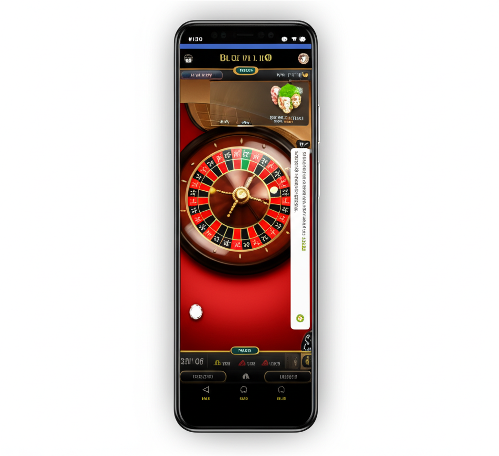 ภาพหน้าจอมือถือแสดงเกมรูเล็ตสดออนไลน์บนระบบ Android และ iOS พร้อมฟีเจอร์แชทและปุ่มควบคุม
