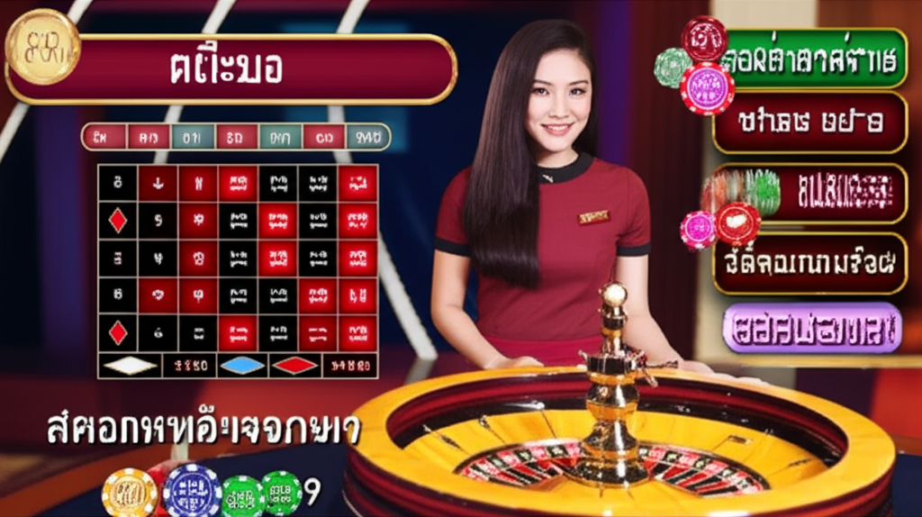 ภาพเกมรูเล็ตสดออนไลน์พร้อมดีลเลอร์หญิงมืออาชีพในสตูดิโอคาสิโนที่ทันสมัย แสดงการเดิมพันและชิปอย่างชัดเจน