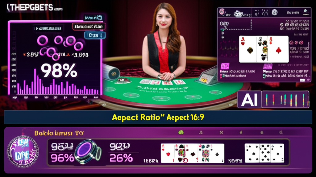 ภาพหน้าจอห้องบาคาร่าคาสิโนสดบน thepgbets.com พร้อมดีลเลอร์และกราฟวิเคราะห์ AI แสดง RTP สูงกว่า 98%