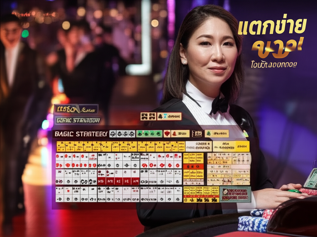 ภาพดีลเลอร์สดแจกไพ่แบล็คแจ็ค พร้อมกราฟิกกลยุทธ์ Basic Strategy เพื่อเพิ่มโอกาสชนะ