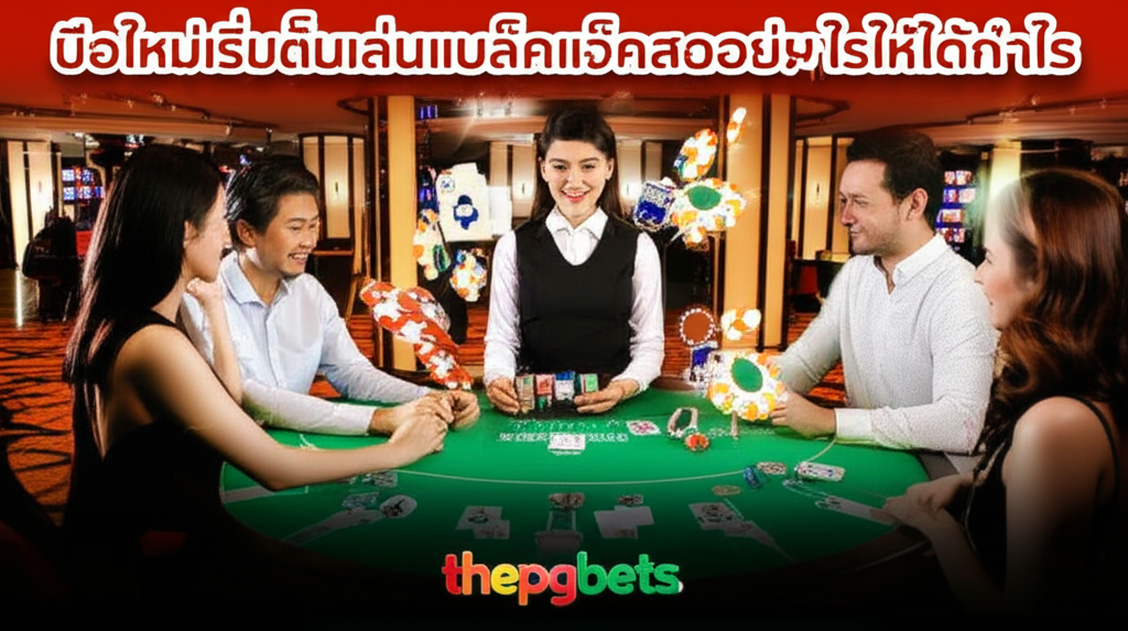 ภาพคาสิโนสดแบล็คแจ็คที่มีดีลเลอร์มืออาชีพและผู้เล่นมือใหม่กำลังเล่นอย่างสนุกสนาน พร้อมโลโก้ thepgbets และข้อความแนะนำการเล่นแบล็คแจ็คสดสำหรับมือใหม่