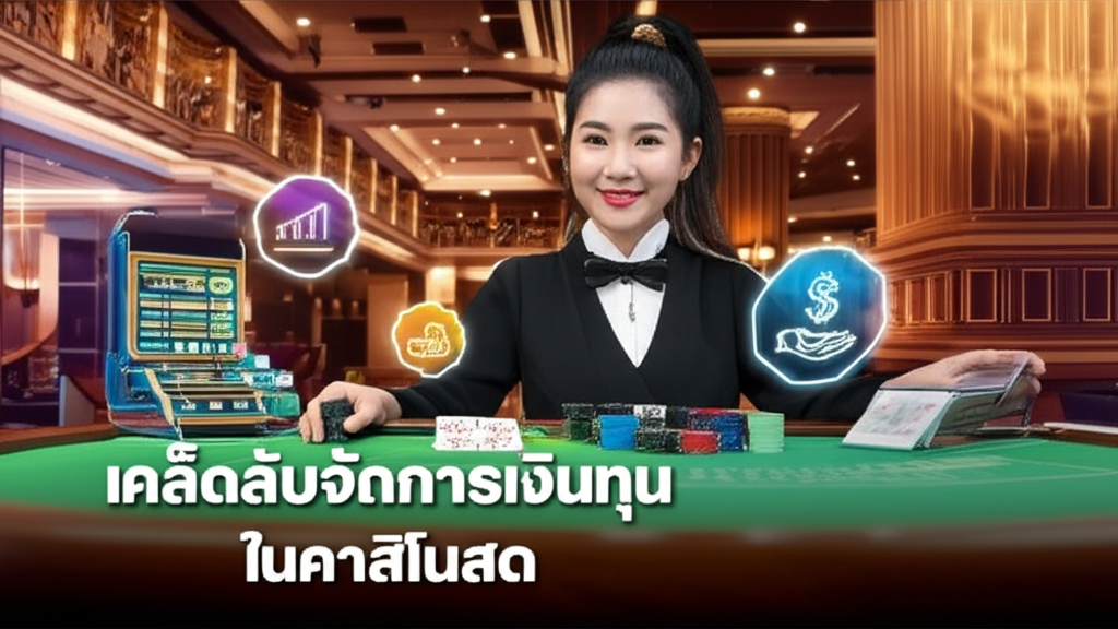 ภาพคาสิโนสดที่มีดีลเลอร์และชิป พร้อมกราฟการจัดการเงินทุนและข้อความเคล็ดลับจัดการเงินทุนในคาสิโนสด