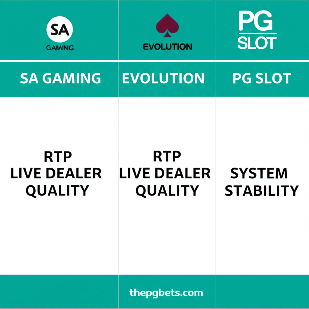 ตารางเปรียบเทียบค่ายคาสิโนสดยอดนิยม SA Gaming, Evolution, PG SLOT และ thepgbets.com พร้อมข้อมูล RTP และจุดเด่น
