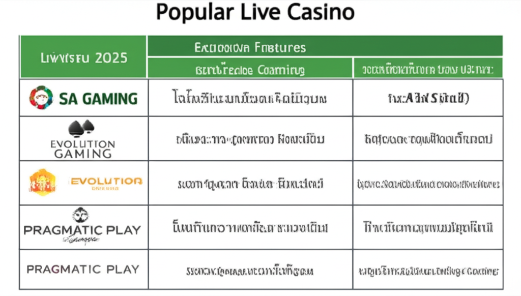 ตารางเปรียบเทียบค่ายคาสิโนสดยอดนิยมปี 2025 พร้อมโลโก้และโปรโมชั่น