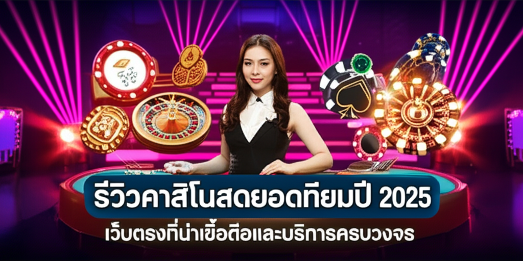 ภาพคาสิโนสดออนไลน์ปี 2025 แสดงดีลเลอร์สดมืออาชีพและเกมยอดนิยม เช่น บาคาร่า รูเล็ต แบล็คแจ็ค พร้อมอินเทอร์เฟซมือถือที่ทันสมัย เน้นเว็บตรงที่น่าเชื่อถือและบริการครบวงจร