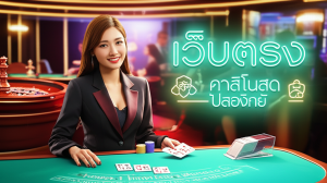 ภาพคาสิโนสดที่ปลอดภัย แสดงดีลเลอร์หญิงกำลังแจกไพ่ที่โต๊ะบาคาร่า พร้อมสัญลักษณ์เว็บตรงและความปลอดภัย